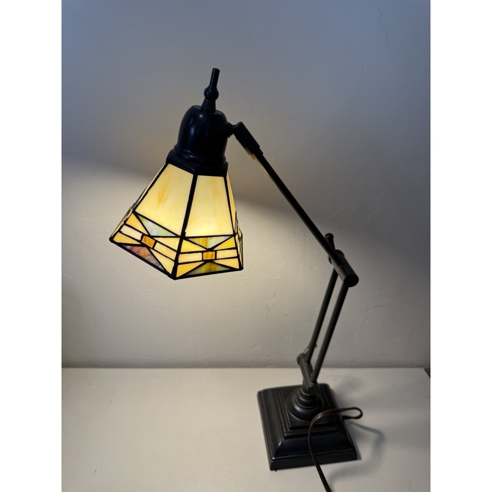 Dale Tiffany Mission Bank Table Lamp Adjustable Desk Light‎ Stained Glass Bronze